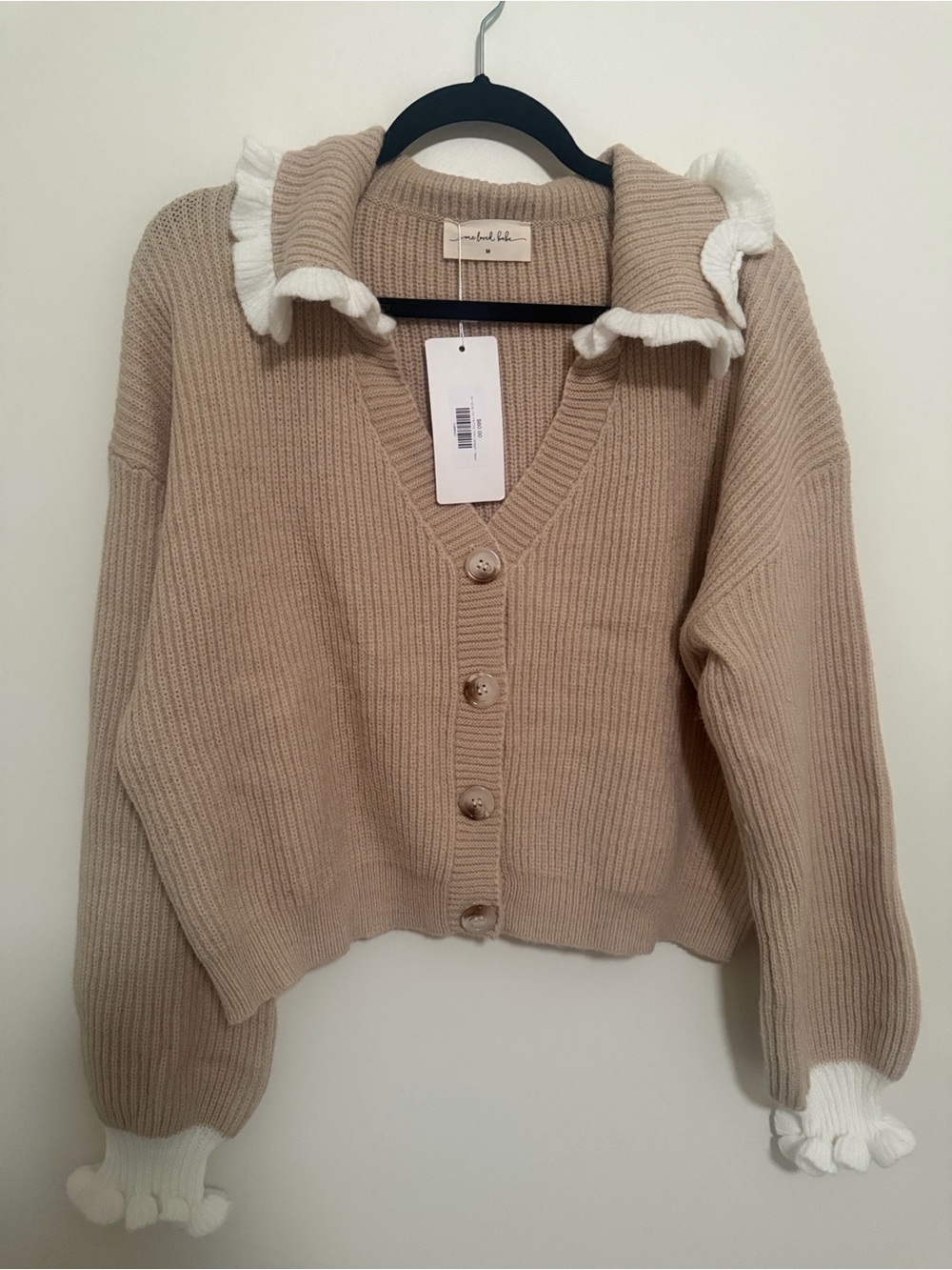 Beige Ruffle-Trim Knit Cardigan - Picture 4 of 4